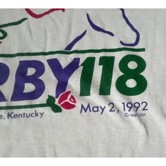 Vintage 1992 Kentucky Derby Large T Shirt Single Stitch Trench USA 50/50 White - Picture 4 of 7